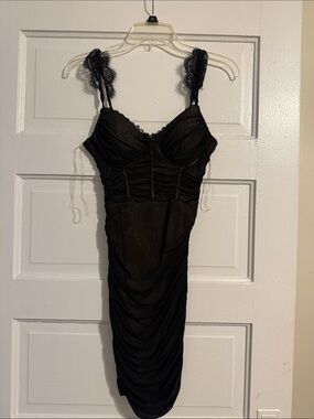 Windsor Black Lace-Trim Ruched Bodycon Slip Dress